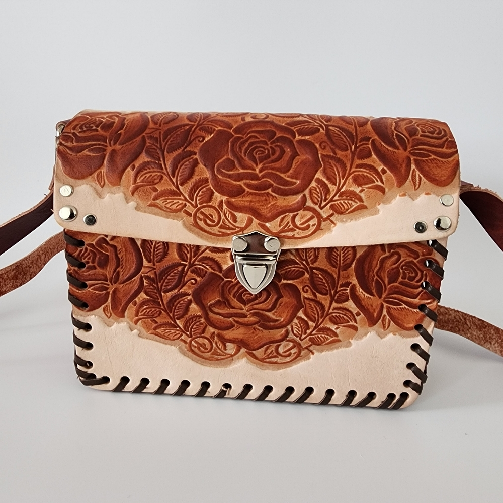 Handmade leather mexican rose purse crossbody Tooled Imprint